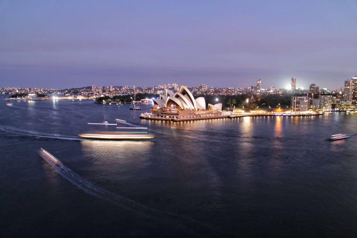 Sydney Harbour and the Opera House at dusk